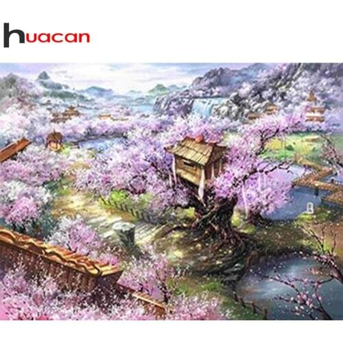 Huacan 5d Diamond Painting Cherry Blossoms House Home Decor Diamond Mosaic Sakura Flower Scenery Embroidery Wall Stickers