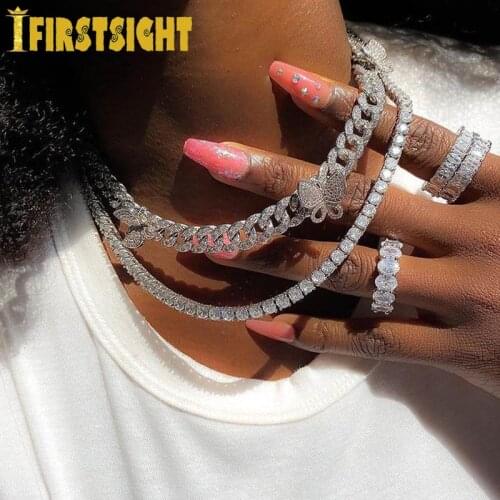 10mm Cuban CZ Rotate Butterfly Bracelet Iced Out Anklet&Necklace Gold Silver Color Bling Hip Hop For Women Men Jewelry Set