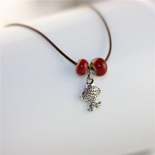 Double Beads Ceramics Anklet Women Girl Fish Pendant Charm Bracelet Coffee Color Weave Rope Chains Barefoot Foot Fashion Jewelry