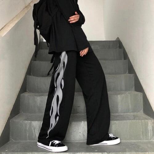 Men Black Gothic Trousers Autumn Mens Sportswear Loose Fire Print Sweatpants Hip Hop Streetwear Male Funny Korean Punk Pants