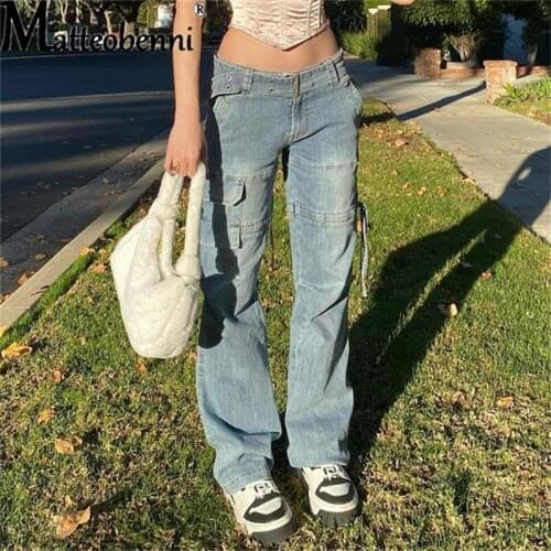 90s Aesthetic Sashes Baggy Jeans Women Low Waist Straight Pants Patchwork Pockets Vintage Long Denim Trousers Ladies Streetwear