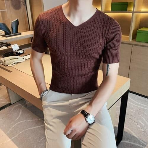 British Style Summer Social Knitted T Shirt Men Thin Solid Color V-Neck Plaid Short-sleeved Slim T-shirt Streetwear Tops Tees