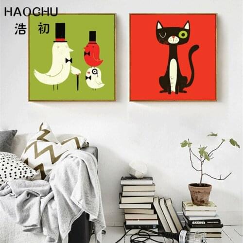HAOCHU Nordic Minimalism Cartoon Animals Cute Cat Birds Family Oil Painting On Canvas Red Green Base Picture Nursery Kids Room