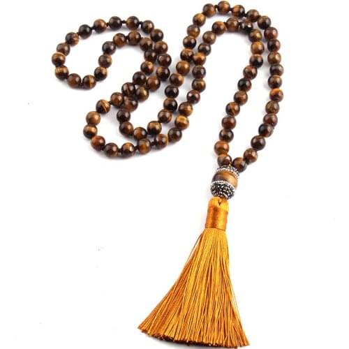 Fashion Bohemian Tribal Jewelry Tiger Eye Stones Beads Knotted Handmake Paved Tassel Necklace For Women
