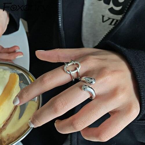Foxanry 925 Sterling Silver Trendy Rings Creative Simple Water Drop Geometric Thai Silver Party Jewelry Gift for Women Couples