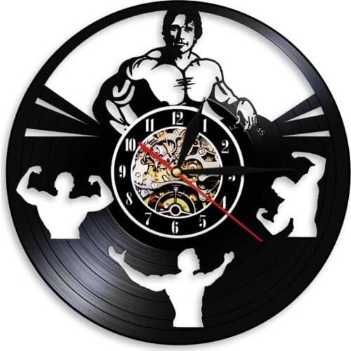 Bodybuilding Men Arnold Schwarznegger Vinyl Record Wall Clock GYM Workout Fitness Daren Wall Hanging Decor Wall Clock