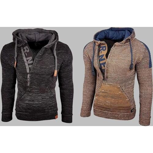 2020 Men Autumn Winter Cardigan Patchwork Drawstring Knitted Hooded Sweater Warm Long Sleeve Jumper- Coat Fashion streetwear NEW