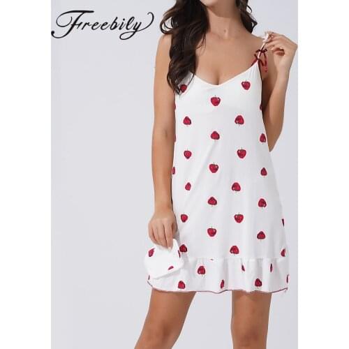 Women Cotton Nightdress Cute Cherry Print Nightgown Bow Sling Sleep Wear Pajama Dress
