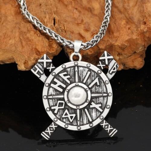 Norse viking Shield rune axe Talisman Pendant necklace with viking gift bag