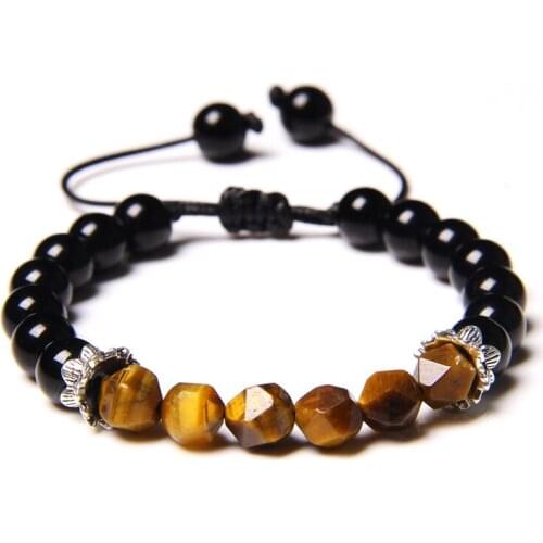 Handmade Men Braided Bracelet 8mm Faceted Natural Tiger Eye Stone Bracelet Onyx Beaded Bracelet Energy Jewelry for Women Homme
