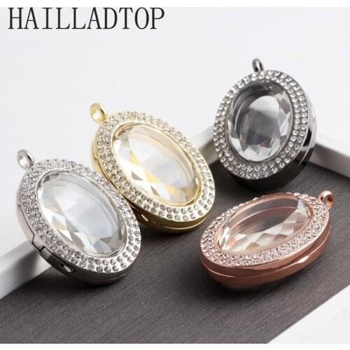 Alloy Oval Floating Locket Rhinestone Magnetic Glass Locket for Charms Locket Necklace Crystal Pendant Glass Locket For Women