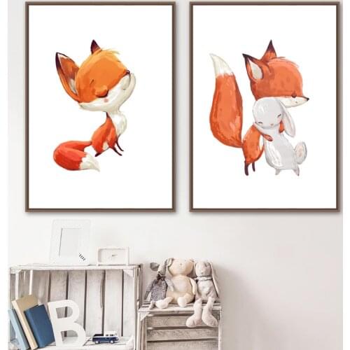 Nordic Watercolor Fox Bunny Animals Wall Art Canvas Painting Cartoon Posters And Prints Nursery Wall Picture For Kids Room Decor