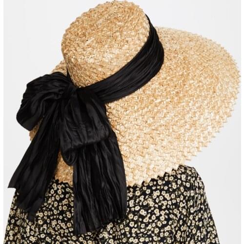 Summer natural flower braided wheat Bow Straw Hat Large brim Outdoor Beach Sun Protection visors Straw hat female dress hat