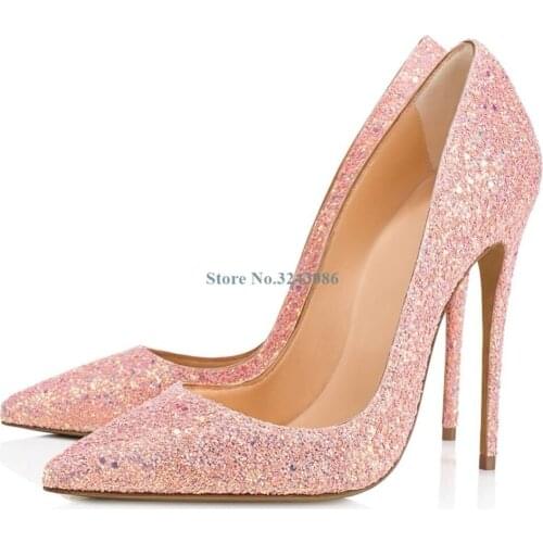 Pointed Toe Sequined Thin High Heel Pumps Pink Bling Bling Stiletto Heel Shoes Shining Pink Wedding Shoes Women Banquet Shoes