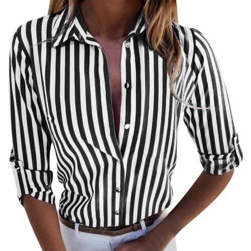 Women Striped Shirt Fashion Patchwork Top Flat Sleeve Shirt Button Print Blouses Summer Long Sleeve Casual Top Blusas Y Camisas