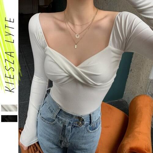 French Vintage Knit Blouse 2020 Spring New Sexy Solid Color Black White Twist Long Sleeve T Shirt ladies Crop Tops Tee