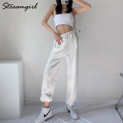 Autumn Womens Joggers Blue Sweatpants Women High Waist Casual Wide Leg Pants Streetwear Cotton Solid White Sweatpants For Women