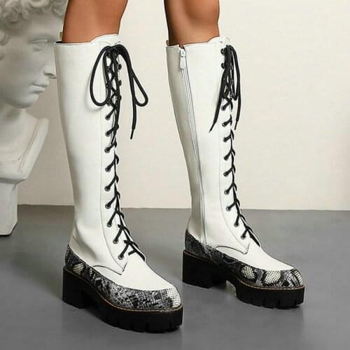 2020 Winter Women Knee High Boots Fashion Platform Square Heel Lady Ridding Boots Mixed Color Zipper Ladies Shoes Black White