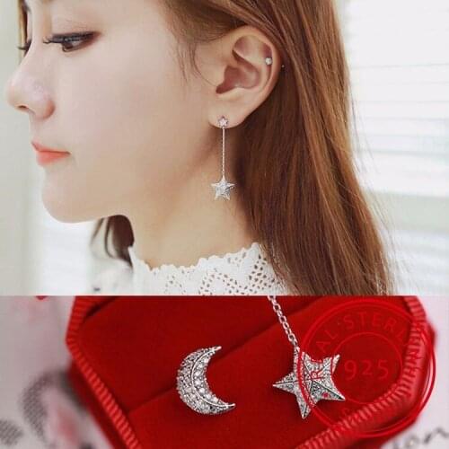 Free Shipping 925 Sterling Silver Rhinestone Moon Star Asymmetry Stud Earrings For Women Jewelry Pendientes Brincos