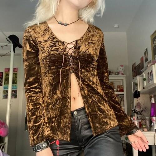 Women Fairy Grunge Crop Top Vintage Velvet V-neck Lace Up Long Flared Sleeve T-shirt Cardigans Y2K Streetwear Autumn Tees Tops