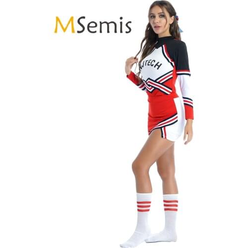 Womens Schoolgirl Cheerleader Role Play Costume Striped T-shirt with Mini Skirt Bowknot Headwear Stocking Cheeleading Outfits