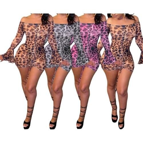 Women Fashion Leopard Short Dress Sexy Boat Neck Trumpet Sleeve Drawstring Skinny Dress, 3 Colors, S/M/L/XL/XXL