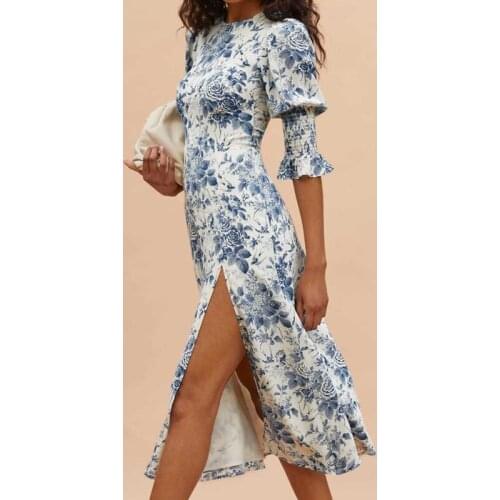 Za 2021 Summer Women French Flowers Print Dress Chic Elastic Flare Sleeve Ladies Slim Split Long Dress Vestidos OM7133