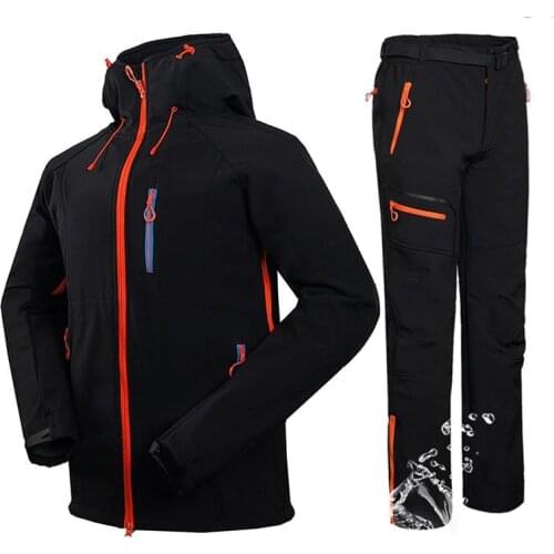 Winter Men Hiking Ski Softshell Jacket suits Outdoor Fishing Climbing Camping Waterproof Jacket + Fleece Softshell Pants Sets