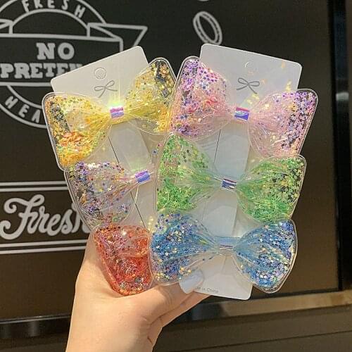 1Piece New Transparent PU Bow Hair Clips Barrettes Children Sequin Quicksand Star Shells Hairpins Girls Bling Hair Accessories