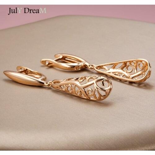 585 Rose Gold Long Drop Earrings Vintage Palace Sculpture Large Pendant Natural Metal Glossy Fashion Fine Party Jewelry Earrings