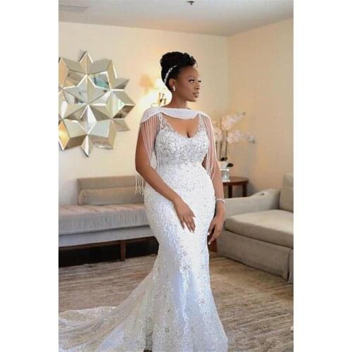 African Mermaid Weddding Dreses With Gowns Wrap Beading Crystal Lace Appliqued Bridal Spaghetti Wedding south