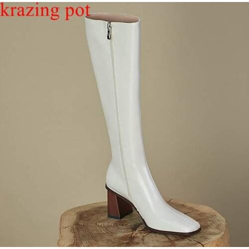Krazing Pot full grain leather thick high heels modern boots square toe winter zip European brand model career knee-high boots