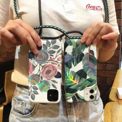 Laser Flower Leaf Phone Case For iPhone 11 X Xs max XR 7 8 6 6s se2020 Soft IMD Vintage Back Cover With Lanyard Neck Strap Rope