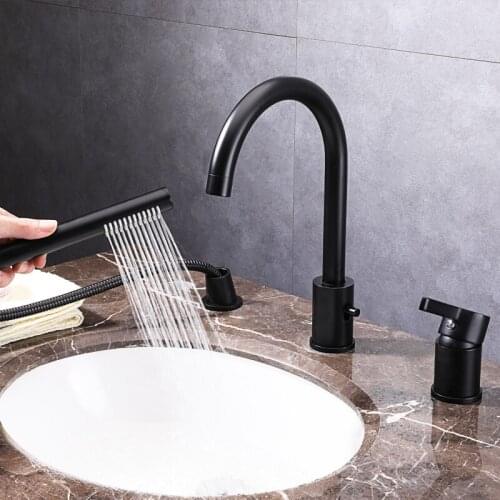 Black Bath Shower Faucet Bathtub 3 Hole Widespread Countertop Basin Mixer With Hand Shower Head Brass Hot And Cold Water Tap