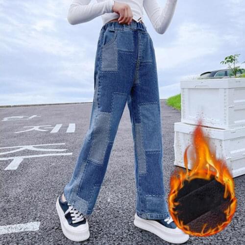 Teenage Girls Jeans 2021 Spring Fall Casual Fashion Loose Blue Kids Leg Wide Pants School Children Trousers 4 6 8 10 12 14 Years