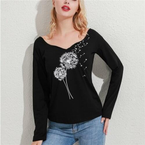 Elegant V Neck Long Sleeve T-Shirt Woman Dandelion Print Casual Tee Shirts Fashion New Streetwear Women Tops Tees Pullovers