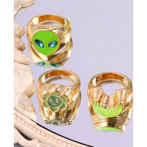 Ins Green Enamel Alien Chunky Metal Ring For Women Girls Flower Smiley Face Moon Geometric Rings New Fashion Jewelry Party Gifts