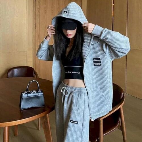 Waffle Hoodie Set Women Harajuku Hoodie Set Hooded Jacket Trousers Two Piece Suit Sports Casual Autumn Thin Fashion Hoodies Suit