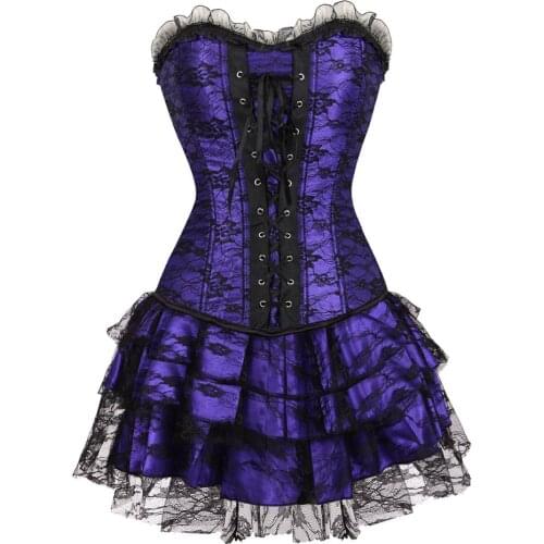 Corset Masquerade Bustier with Layered Mini Skirt Tutu Set Gothic Womens Overbust Korsage Dress Carnival Halloween Party