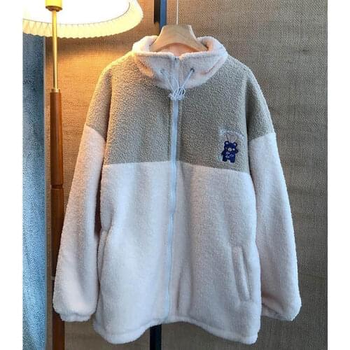 2021 Winter Cotton Jacket Korean Students Loose Large Size Imitation Lamb Wool Stitching Fake Two Piece Hooded Thick Cotton Coat