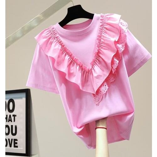 Ruffle stitching short-sleeved T-shirt 2021 summer Korean version loose and thin lace embroidery casual tops