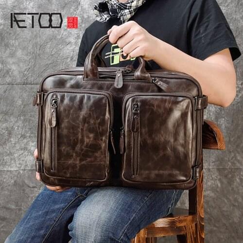 AETOO Retro mens briefcase, crazy horse leather multi-function handbag, leather shoulder bag, commuter computer bag