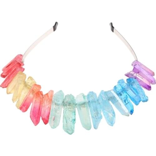 Raw Crystal Quartz Crown Headband Handmade Rainbow Colorful Stone Jewelry Hair Hoop Bohemian Wedding Party Headpiece