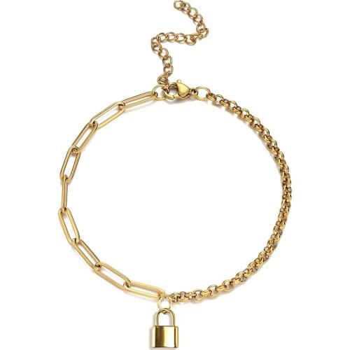 New Design Punk Stainless Steel Asymmetry Paper Clip Chain Padlock Charm Bracelet for Women Men Lock Charm Jewelry