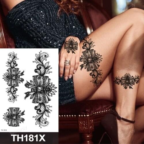 Fake henna black lace mandala flowers sexy waterproof temporary tattoo for women thigh body tattoo sketch flower rose peony big