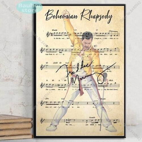 Poster Bohemian Rhapsody Chord Lyrics Freddie Mercury Portrait Canvas Painting Posters and Prints Wall Art for Room Home Decor