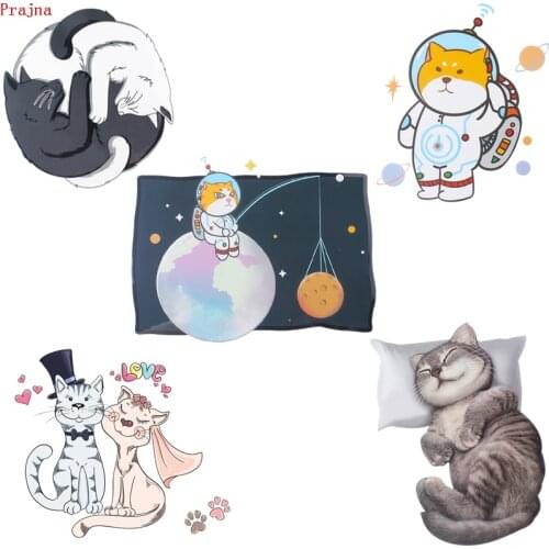 Prajna Cute Cat Dog Patch Iron On Transfer For Clothes Stripe Heat Vinyl Transfer Thermal Sticker On Clothes Patch Cartoon Badge