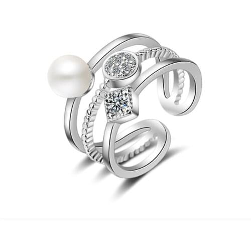 Simple personality temperament atmosphere two-color double-layer geometric pearl fashion silver plated rings SA061