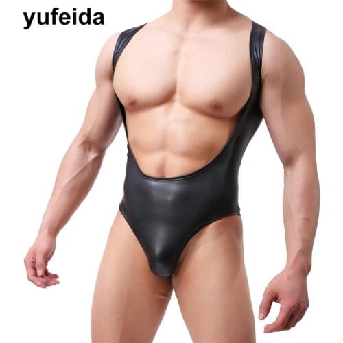 Sexy Mens Underwear Bodysuits PU Leather Jumpsuit Men Undershirts Expose Chest Wrestling Singlet Leotard Stage Clubwear Briefs