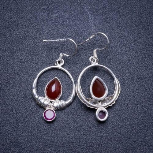 Natural Carnelian and Amethyst Handmade Unique 925 Sterling Silver Earrings 1.75" X4179